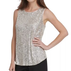 DKNY women's crewneck sequin camin begie tank top size M